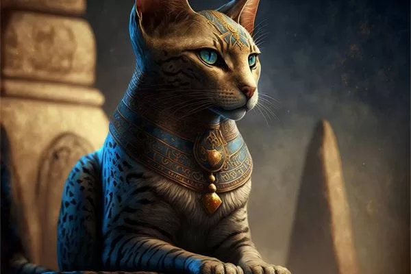 Entdecken Sie die faszinierende Verbindung zwischen Katzen und Spiritualität: Entdecken Sie kulturelle Bedeutungen in diesem fesselnden Bild. Eine futuristische, fast vergöttlichte Katze, geschmückt mit verschiedenen Ornamenten, lädt Sie ein, die tiefe spirituelle Verbindung zwischen Menschen und Katzen zu erkunden. Eine einzigartige Vision, die der Zeit trotzt und kulturelle Grenzen überschreitet.