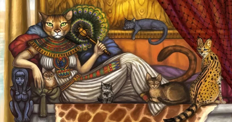 Betreten Sie mit diesem fesselnden Bild das Universum von Katzen und Spiritualität: Aufdecken kultureller Bedeutungen. Eine Kulisse, die an das alte Ägypten erinnert, wo eine ägyptische Menschenkatze auf ihrem Bett ruht, umgeben von ihren Katzengefährten. Ein wahres Gemälde der Verbindung zwischen Wesen und Spiritualität